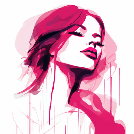 a digital painting of a woman's face, featuring flowing silhouettes and linear outlines. this fashion-illustration style artwork showcases dark pink hues, modern ink painting techniques, and light crimson and white accents. perfect for editorial illustrations with a touch of contemporary elegance. ai generatedの素材