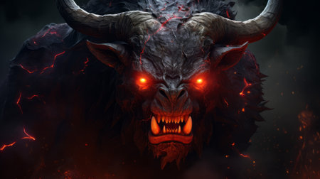buer with glowing red eyes, set in dramatic lighting with dark and ethereal elements. the image has intricate details and cinematic framing, resembling hyper realistic 8k photography. utilize techniques such as octane render, 4k post processing, and moody volumetric dynamic lighting to achieve a highly detailed and atmospheric effect. use global illumination and software like maya+v-ray or unreal engine to bring the image to life.の素材