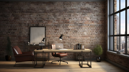 an office featuring a high ceiling and brick wall, adorned with floor-to-ceiling windows. the rustic texture of the room is enhanced by the 8k resolution, showcasing a classic still-life ambiance. earth tones dominate the space, complementing the light red and light black hues. the design seamlessly blends technological elements with worthington whittredge's artistic touch. ai generatedの素材