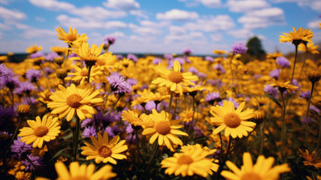 a stunning flower field with a vibrant blue sky serves as the backdrop in this captivating photograph. the dark yellow and violet hues of the flowers, captured in 32k uhd resolution, create a mesmerizing naturalist aesthetic. this image showcases the beauty of new american color photography. ai generatedの素材