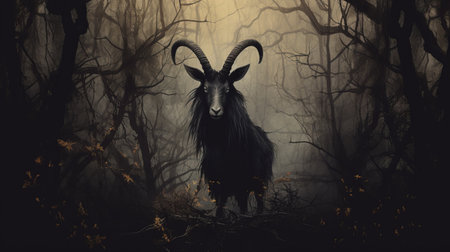 a dark-horned goat stands in a forest with a gothic illustration style, against a dark background. the 8k resolution image captures soft, romantic landscapes, evoking a manticore and halloween vibes. this low-resolution photo on flickr offers a unique, eerie aesthetic. ai generatedの素材