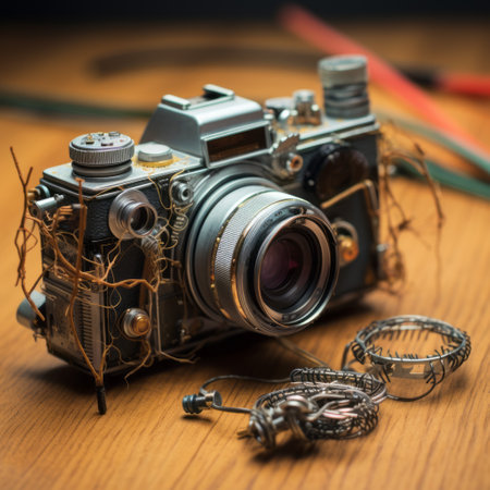 antique camera on a wooden table with a wire wrapped around the screen, in the style of layered complexity, metallic etherialism, destroyed gadgets sculptures, fujifilm eterna 400t type 8673, dslr camera, detailed miniatures, constructivist roots. ai generatedの素材