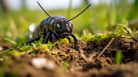 a large black insect rests on a vibrant green pasture, captured with the unique perspective of distorted angles. this uhd image showcases the intricate details of the insect's strong facial expression and striped body. the post-apocalyptic imagery adds an intriguing element to this glazed earthenware-inspired composition. ai generatedの素材