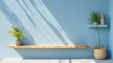 the blue wall with eco-friendly craftsmanship and daz3d style casts beautiful blue shadows. sunrays shine upon the minimalist still life, creating a tropical symbolism. the clear edge definition adds to the studyplace ambiance. ai generatedの素材