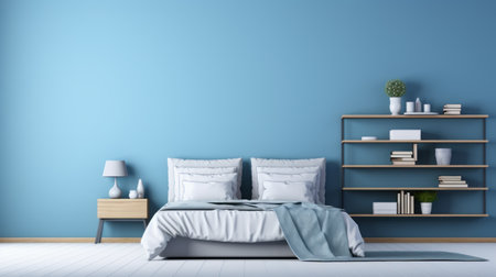 the bedroom features a white and blue color scheme, with a minimalist design and a subdued color palette. the 3d render showcases a dark sky-blue and light sky-blue style, creating a calming and anti-clutter atmosphere. the matte background and minimalist staging add to the modern and timeless aesthetic of the room. ai generatedの素材