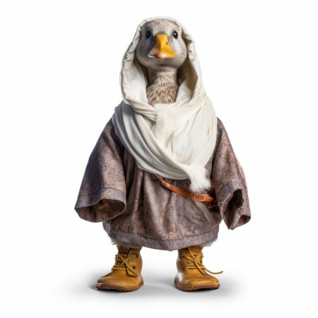 white duck in traditional garb stands against a white background, rendered in cinema4d with light orange and dark beige colors. raw authenticity and uniformly staged images showcase the eastern and western fusion, creating a dotted, slumped, and draped aesthetic. ai generatedの素材