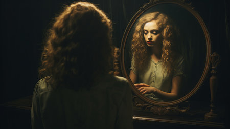 a captivating documentary photo of a girl standing in front of a black mirror, showcasing the darkly romanticism style. the colorized image evokes an emotionally complex atmosphere with its light maroon and dark green tones. reminiscent of pre-raphaelite art, the wavy reflections add an intriguing touch to this mesmerizing composition. ai generatedの素材