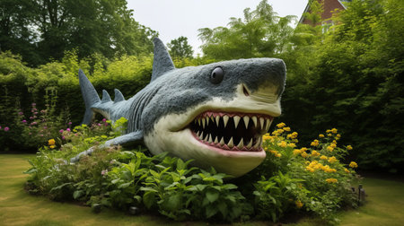 a large statue of a shark sits in a garden, resembling a whimsical cartoon from national geographic. the exaggerated facial features and explosive wildlife style, reminiscent of artists like stephen shortridge and michael sowa, are captured in this photo taken with a voigtlander heliar 15mm f45 lens. ai generatedの素材