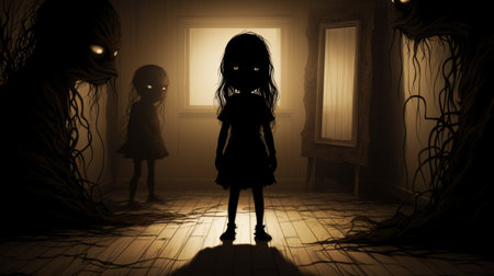 a terrified lisa trapped in a nightmare, distorted by moving shadows. a monstrous, ever-changing shadow looms before them. shot from an off-center angle, focus is on the lisa and the monster, with a blurred room in the background. dark and sinister, blue and purple hues dominate the image. inspired by tim walker's art direction, it immerses viewers in a wide-screen nightmare story. ai generatedの素材