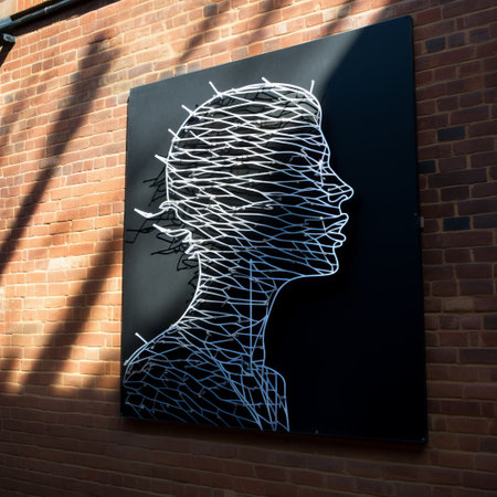 wire-based installation by michael adams at the iit in munich, featuring vivid portraiture in dark navy and white. the outdoor art piece is a sunprint made of rubber, showcasing the artist's hard-edge painter style and neurocore inspiration. ai generatedの素材