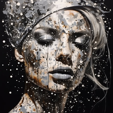 a highly realistic silver and white painting of a woman surrounded by a lot of snow. this graffiti art piece is done in the style of splatter paintings, with dark black and bronze tones. the detailed facial features and paint dripping technique add depth to this dark matter art. ai generatedの素材