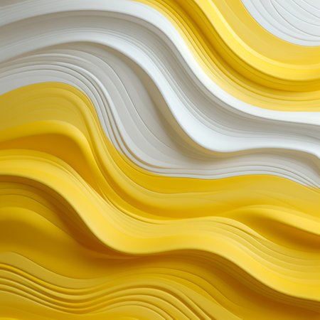 wave texture with yellow, white, and blue colors rendered in cinema4d. this captivating image showcases chromatic sculptural slabs made of paper, creating a mesmerizing play of light and shadows. the combination of dark yellow and light white hues adds depth, while the sculpted waves evoke a sense of movement. experience the harmonious blend of light orange and white tones, resulting in an intriguing monochromatic composition.の素材