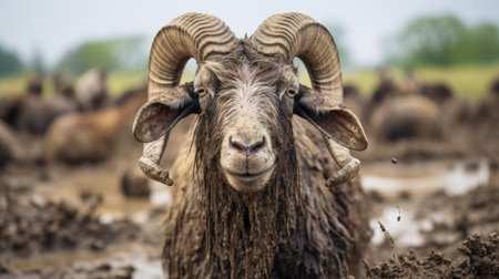 shorn sheep standing in mud with distinct facial features, iso 200, manticore, elegant, emotive faces, david normal, brown, dau al set. ai generatedの素材