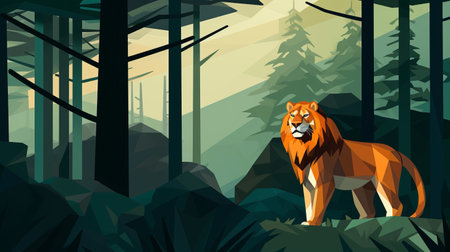 a lion in the forest, depicted as a vector illustration with bold geometric shapes. this high-resolution image captures the essence of nature with its realistic lighting and smokey background. the terragen style adds a unique touch to this captivating artwork. explore the animated gifs for an immersive experience filled with nature-inspired imagery. ai generatedの素材