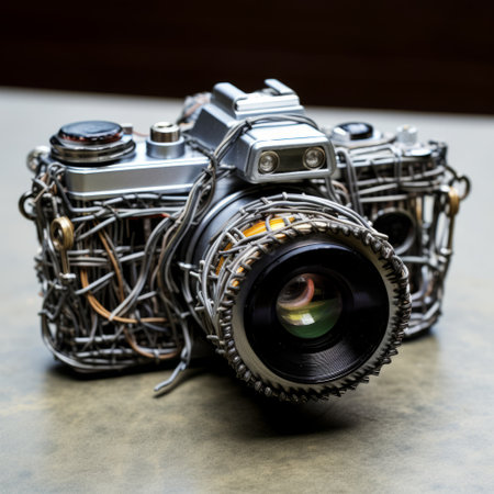 an iron metal camera with a twisted futurism style, showcasing intricate details and one-of-a-kind pieces. this photo captures the essence of photo-realistic techniques, featuring the mamiya 7 ii camera and highly detailed figures. the image boasts clear edge definition, highlighting the craftsmanship of this unique piece. ai generatedの素材