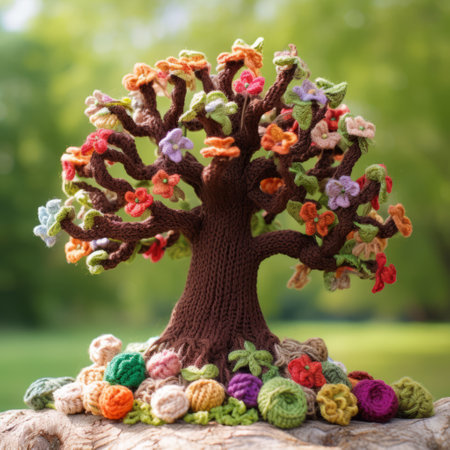 a crocheted tree bursting with an abundance of fruits and flowers, showcasing an earth tone color palette. this uhd image captures a colorful storytelling experience, with tactile landscapes that are finely detailed. the vibrant and bold composition is achieved through focus stacking techniques. ai generatedの素材