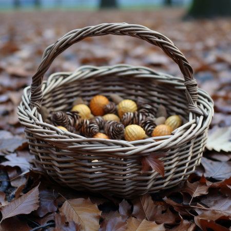 a black wooden basket filled with brown balls rests on a bed of leaves, showcasing the unique snailcore style. the composition features a blend of light brown and yellow hues, reminiscent of the works by matthias haker, hinchel or, and arthur hughes. captured using fujifilm natura 1600, the image exudes a soothing ambiance with its light gray and light brown tones. ai generatedの素材