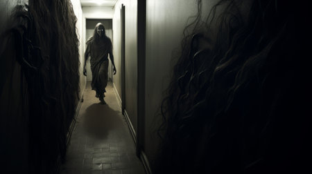 haunted house wallpaper featuring realistic renderings of the human form captured with a nikon d750. the dark, white, and bronze tones create a junglecore atmosphere with whiplash curves. this documentary photograph showcases atmospheric installations. ai generatedの素材