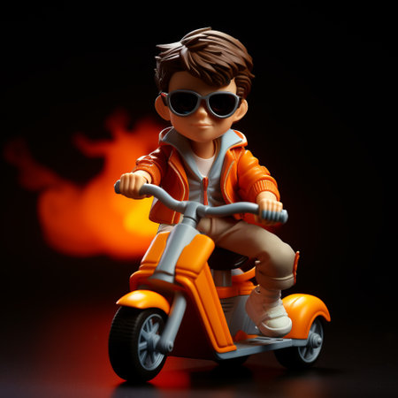 a boy riding a bike on an orange scooter with red lights behind it. this captivating image showcases the artistry of hard surface modeling in the style of salon kei. shot on 70mm, the charming characters and eye-catching details make this scene truly mesmerizing. the presence of pierce brosnan adds an extra touch of allure to this stunning composition. ai generatedの素材