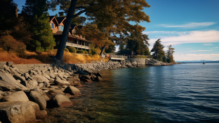 beach with trees and rocks along the shore, in the style of cabincore. this photorealistic rendering showcases captivating harbor views. the national geographic photo features northwest school architectural influences. keywords: beach, trees, rocks, cabincore, photorealistic rendering, 32k uhd, harbor views, national geographic, northwest school, architectural influences. ai generatedの素材