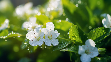 white flowers with raindrops glistening on their petals, surrounded by a captivating blend of dark green and light emerald hues. this uhd image by caras ionut showcases the beauty of nature in a style that combines vray tracing with aurorapunk aesthetics. the acidic and luminous colors create an atmosphere of serenity and harmony. ai generatedの素材