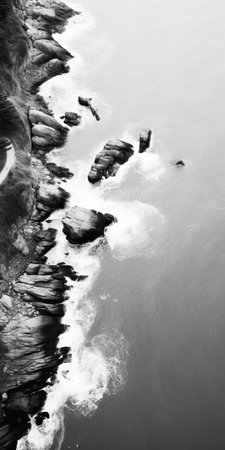 aerial photo of a rocky cliff and ocean, captured in monochrome palette. this artistic reportage showcases realist detail from a birds-eye-view perspective. shot with ricoh gr iii, this composition by iber camargo creates a photo-realistic depiction of the stunning landscape. ai generatedの素材