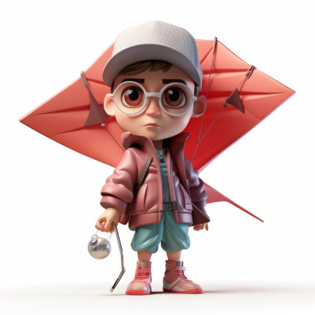 cartoon character holding a kite in vray tracing style, neo-pop figurative art, with wet-on-wet blending technique. childlike innocence captured in hyper-realistic sculptures, featuring strong facial expression and a pink color palette. ai generatedの素材