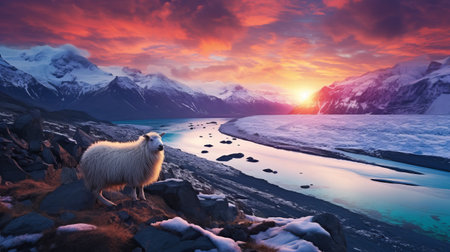 sheep standing in water near mountains and sun at sunset in new zealand. realistic and hyper-detailed rendering in white and magenta. national geographic photo capturing furry art and snow scenes. the scene is a colorful neo-romanticism with orange and azure tones. ai generatedの素材