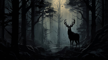 deer in the forest, standing in the dark with the sun, reminiscent of hauntingly beautiful illustrations. the gothic, dark, and ornate style, akin to noah bradley's work, is captured in 8k resolution. the scene evokes the misty, gothic ambiance often associated with xu beihong's art, with dark gray and black hues adding to the haunting atmosphere. ai generatedの素材