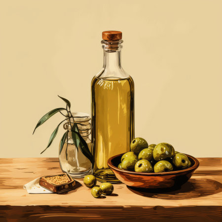 a realistic hand-drawn illustration of olive oil, olives, and bread. the image depicts fresh olive oil in a mid-century style, showcasing the light yellow and brown tones commonly associated with this classic ingredient. ai generatedの素材