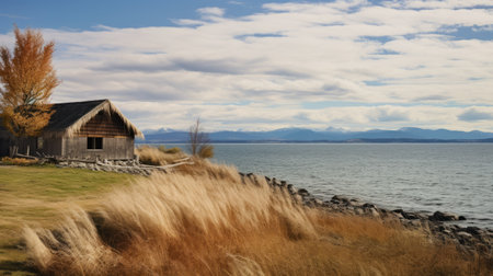 the native american-inspired building stands tall next to the serene waters, captured beautifully with zeiss batis 18mm f2.8 lens. the naturalistic landscape background complements julio larraz's romantic vista perfectly. the sky-blue and beige hues add a touch of serenity to the image, taken with sony fe 85mm f1.4 gm lens. keywords: native american, first nations, alaska native art, zeiss batis, naturalistic landscape, julio larraz, romanticの素材