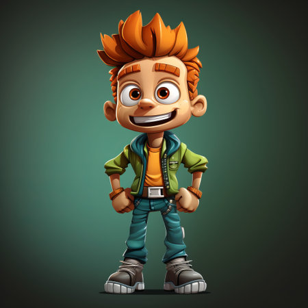 orange character with a vibrant orange haircut stands against a blue background, resembling ultra-detailed action-packed cartoons. the style is reminiscent of the works of jean restout the younger and patrick brown, with a touch of zbrush artistry. ai generatedの素材