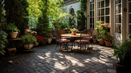 an outdoor patio featuring a table, chairs, and potted flowers, captured in stunning uhd image quality with a pentax 645n camera. the scene is beautifully enhanced by dramatic light and shadow, showcasing the gothic revival style. luxurious textures and highly polished surfaces add an air of sophistication to this commissioned masterpiece. ai generatedの素材