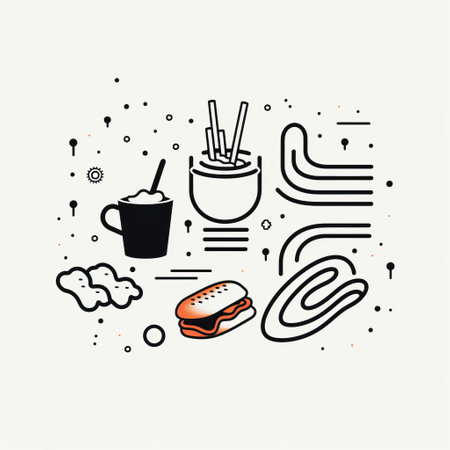 a line illustration featuring bold graphic lines and minimalistic elements, capturing the essence of food and drink. this playful and spontaneous artwork showcases streamlined forms and linear compositions. the image portrays a "death burger" concept, blending commercial imagery with a unique artistic, ai generatedの素材
