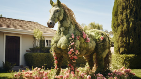 a garden house featuring horses surrounded by vibrant flowers, reminiscent of life-sized installations. explore the intricacy of elaborate fruit arrangements and traditional techniques reimagined in this handcrafted beauty. witness the mesmerizing 8k visuals capturing organic formations and iconic imagery. ai generatedの素材