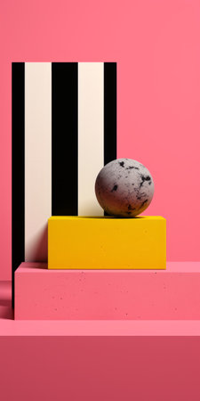 geometric abstractions in the collection feature surreal still life compositions, saturated stripes, sketchfab, and graphic rock-inspired contrast-focused photos. the luminous spheres and pink and black elements add a unique touch to the overall aesthetic. ai generatedの素材