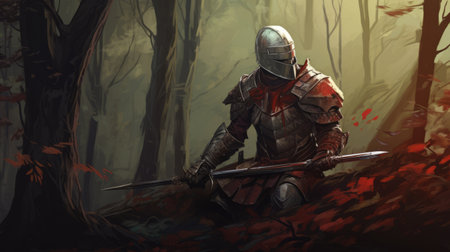 a knight in armor stands in the forest, gripping a sword. this artwork, inspired by the style of etam cru, captures quiet moments with its painted depiction. the concept art, created by john larriva, incorporates dark silver and red tones, reminiscent of jeff danziger's work. with a high-keyed palette, this captivating image showcases the enigmatic world of medieval warriors. ai generatedの素材