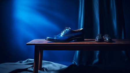 three shoes, elegantly styled, are showcased on an upholstered bench with a blue curtain backdrop. the atmospheric and moody lighting enhances the masculine and rich aesthetic, while painterly surfaces add depth. this anglocore-inspired fashion photoshoot exudes an elegantly formal vibe, highlighting the precision in details and exacting precision of the shoes. ai generatedの素材