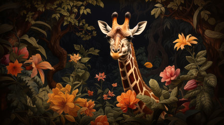a giraffe gracefully stands amidst a lush forest, surrounded by vibrant tropical plants and towering trees. this captivating scene, reminiscent of the artistic styles of patrick brown, helene knoop, and alexandre jacovleff, is brought to life in stunning 2d game art. with its hauntingly beautiful illustrations and rendered in mesmerizing 4k resolution, this image is perfect for an enchanting wallpaper. ai generatedの素材