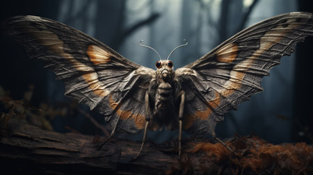 a stunning post-apocalyptic insect, showcasing its delicate two wings, rendered with extraordinary photorealistic accuracy using cinema4d. set in an atmospheric woodland, this dark and captivating image immerses viewers into a world of nightmarish creatures. through expert environmental portraiture techniques, this photo seamlessly merges the intricate beauty of the insect with the eerie ambiance of its surroundings. ai generatedの素材
