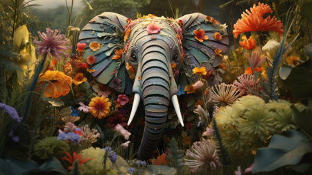an elephant adorned with vibrant plastic flowers creates an exotic atmosphere in this stunning uhd image. rendered in the style of renowned artists thomas wrede and peter lippmann, this masterpiece captures the essence of nature and artistry. the felt creations add a touch of warmth and whimsy to this eye-catching scene in cinema4d. ai generatedの素材