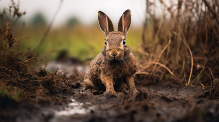 rabbits captured in evocative environmental portraits, living on a muddy ground, in stunning 8k resolution with sharpness and clarity that only nikon d850 can deliver. these brown bunnies are so lifelike, you'll want to reach out and touch them, but don't be fooled, they're actually made of rubber. expert post-processing brings out the best in these adorable creatures. ai generatedの素材