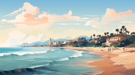 a dreamy, pop art painting showcasing a mesmerizing beach and ocean at night. this historical illustration in the style of transavanguardia features flat colors inspired by french landscapes, with a mix of light brown and sky-blue hues. the digital painting captures the essence of romanticized cityscapes, creating a captivating scene that transports viewers into a magical nocturnal world. ai generatedの素材