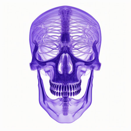 purple skull with spinal cord, featuring textured surface layers and a white background. this architectural blueprint-inspired close-up showcases intense colors and translucent overlapping elements. the frontal perspective captures the kinetic installations, creating a visually captivating composition. ai generatedの素材