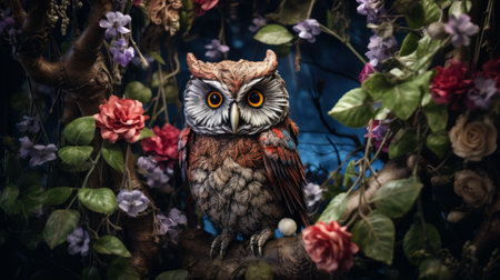 a colorful owl perches gracefully amidst the shadows of a dark forest. this photo captures the essence of photo-realistic landscapes and floral surrealism, showcasing the intricate details of hyperrealistic sculptures. with its uhd image quality, this commissioned artwork also incorporates elements of photo-realistic still life and medieval-inspired aesthetics. ai generatedの素材
