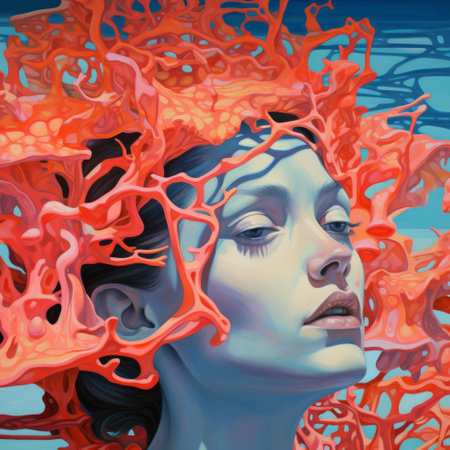 orange woman with red crabs painting - a stunning piece of art featuring a woman in orange hues surrounded by red crabs. the fluid and flowing lines create a realistic hyper-detailed portrait, while the intricate underwater world made of vines, light blue, and crimson adds depth to the editorial illustration. the trapped emotions depicted in this painting make it a must-have for any art lover'sの素材