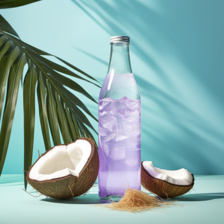 a bottle and pieces of coconut rest on a turquoise background, complemented by a solarization effect. the vibrant colors of light violet and light purple create an alluring atmosphere. natural fibers, along with hints of light pink and indigo, add texture to the composition. the image's carcore style exudes a bold colorism, evoking a sense of exotic flora and fauna. ai generatedの素材