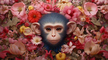 a blue monkey sits amidst a vibrant array of red flowers, embodying the essence of playful innocence. this hyper-realistic portrait, rendered in light pink and yellow hues, captures the neo-pop iconography style. it is the 1st version of a series of hyper-realistic animal illustrations. ai generatedの素材