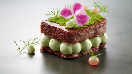 delectable truffle and green ricotta pastry tart with strawberry, captured in the hyperrealistic and photorealistic style. the tart showcases layered forms and is adorned with cherry blossoms. this composition follows the technique of salon kei and features multi-layered arrangements. shot with iso 200, the vibrant colors of light purple and green enhance its allure. ai generatedの素材