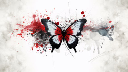 water droplet background with a butterfly in paint, inspired by florian nicolle's style. this dark, white, and red psychedelic artwork showcases symbolic elements. the matte photo captures the uhd image, highlighting psychological phenomena illustrations. ai generatedの素材